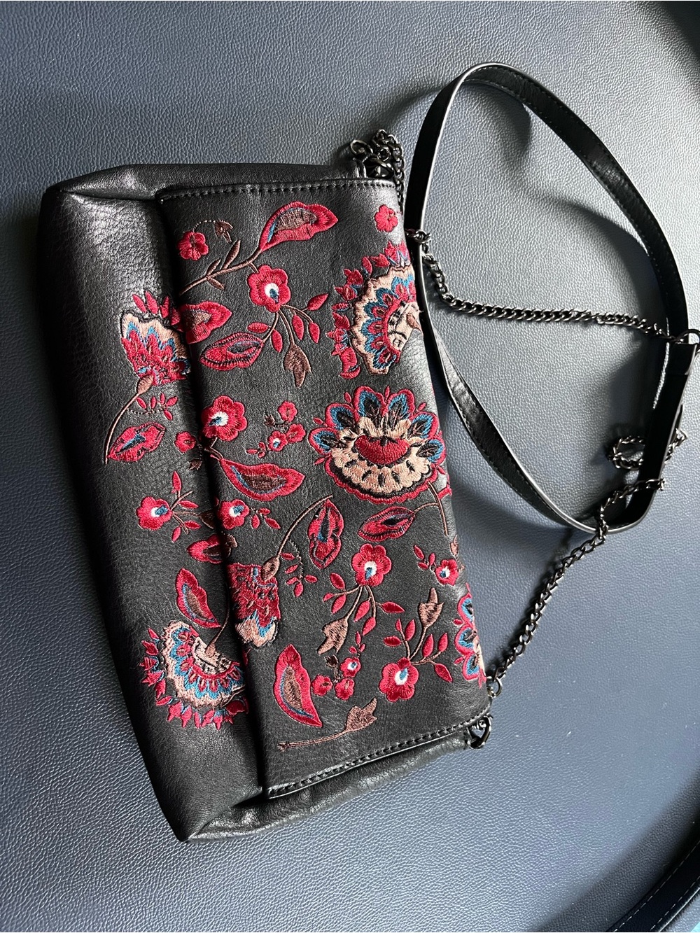 torrid Black Crossbody Bag with Red & Blue Floral Embroidery